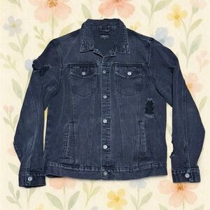 Request Premium Distressed Black Denim Jacket L Grunge Y2K Punk Cotton